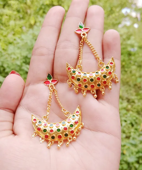 Assamese_Traditional_Copper_Gold_Plated_Red_Green_Colour_Jhumki_Earring_For_Girls_&_Women